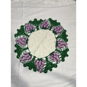 Vintage Hand-Crocheted Doily‎ – Purple Grapes & Green Leaves Popcorn Stitch 13''